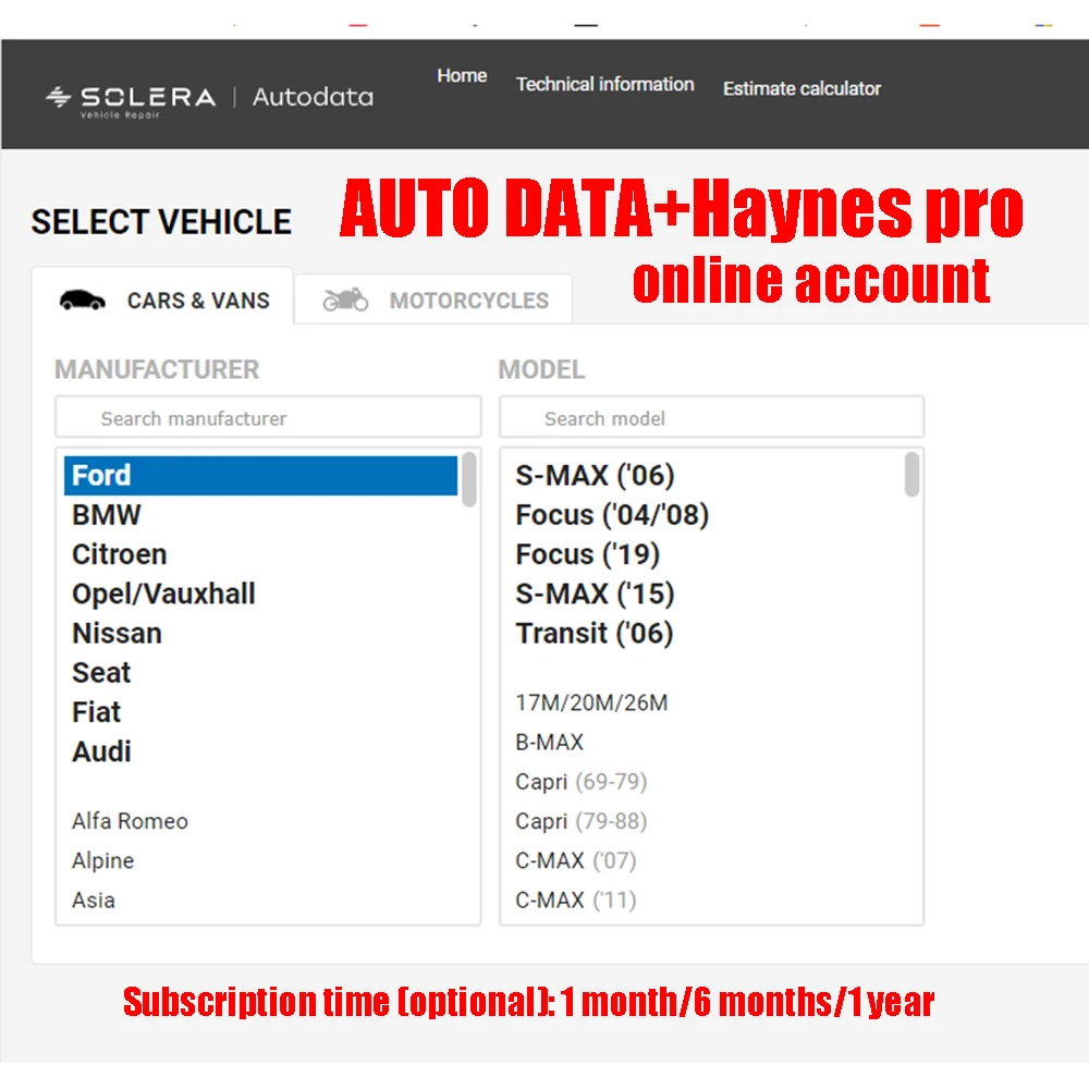 2025 자동 데이터 Haynes Pro 온라인 소프트웨어, 자동 데이터 복구 소프트웨어, 지지대 다운로드, 1/6/12 개월 웹 페이지 로그인 인쇄