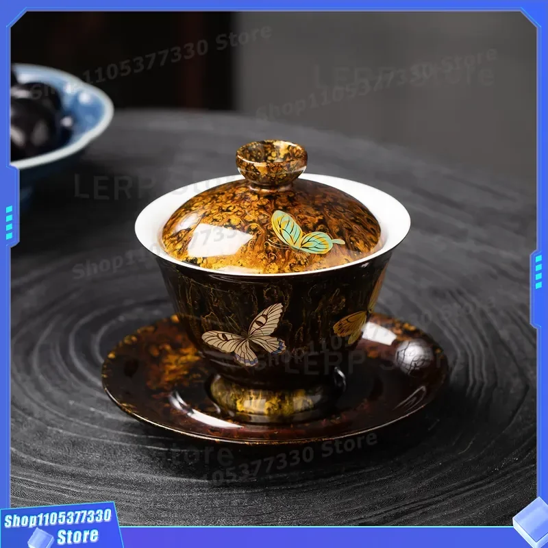 Handmade Natural Lacquer Bowl Hand Painted Retro National Style High End Intangible Cultural Heritage Tea Set Companion Gift