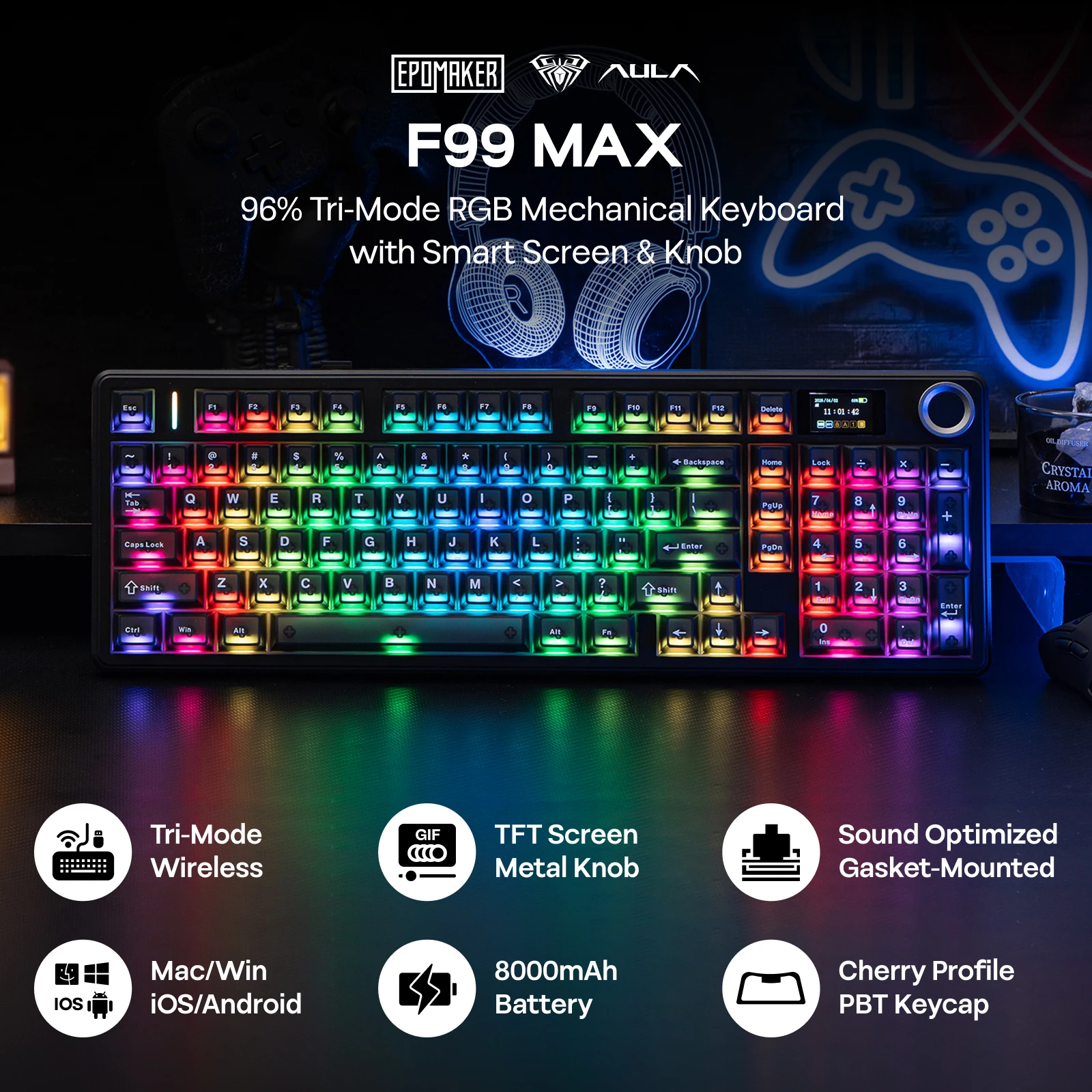 EPOMAKER × AULA F99 MAX(Co-Branded Version) 96% ANSI US Layout Wired/BT/2.4Ghz Wireless Mechanical Keyboard Smart Screen & Knob