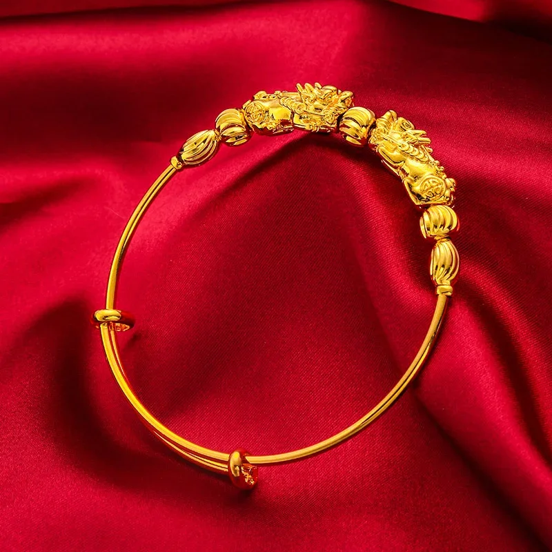 24k gelang manik-manik Transfer Pixiu warna kuning emas untuk wanita gelang emas hadiah perhiasan bagus tidak pudar