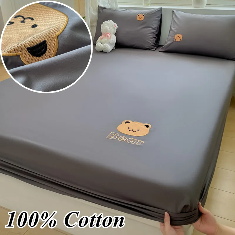 100% Cotton Fitted Sheet Embroidered Bedsheets Solid Color Bed Cover Home Bed Linen protetor de colchão (Pillowcase Need Order)