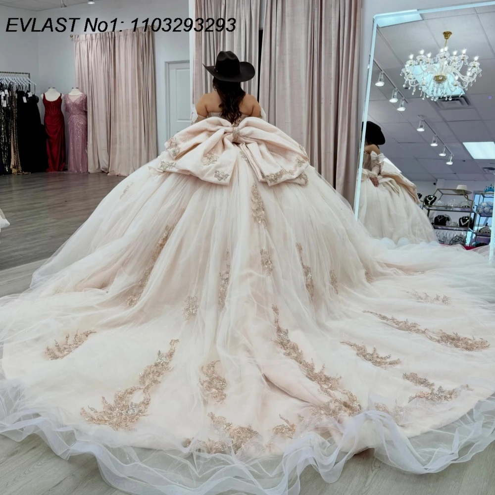 EVLAST Customized Sparkly Beige Quinceanera Dress Ball Gown 3D Floral Applique Beading Bow Sweet 16 Vestidos De 15 Anos AQ367