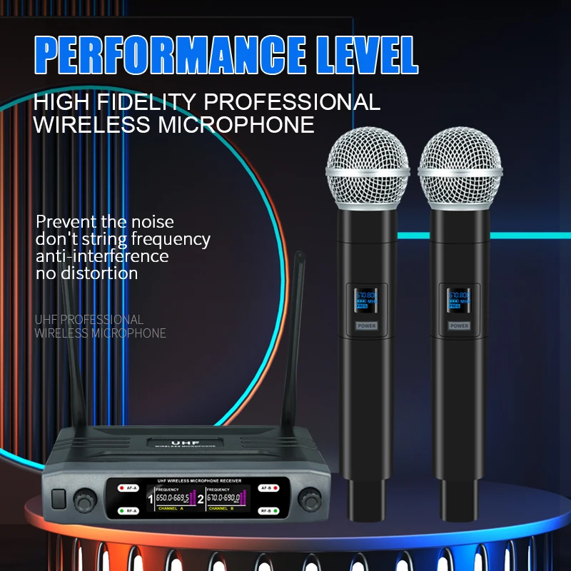 Professional Wireless Microphone Dual Channel UHF Fixed Channel Stage Performance Live Speech