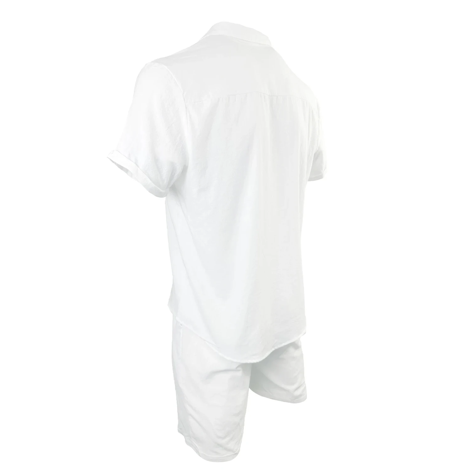 Cotton Linen Shirt Set Men\'s Hawaii Pleated Pocketed Loose Cuban Collar Breathable Comfortable White Men Outdoor Leisure Set