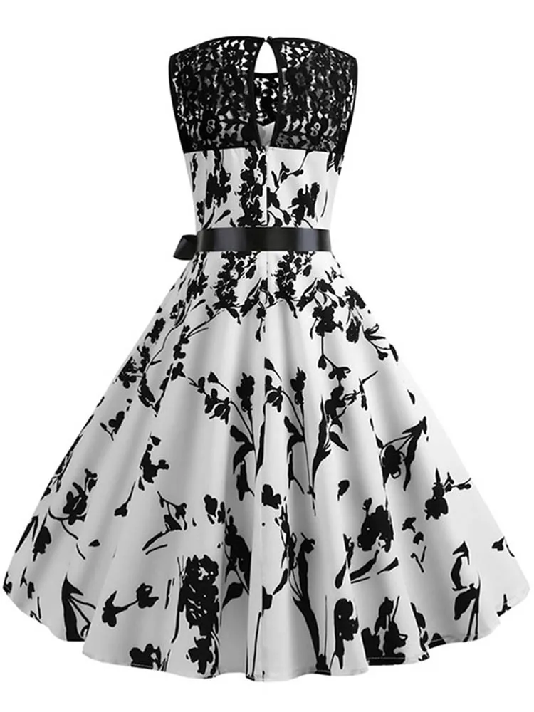 Lace Patchwork Floral Print Women Summer Dress Hepburn 50s 60s Elegant Vintage Dress Office Ladies A-Line Party Dresses Belt