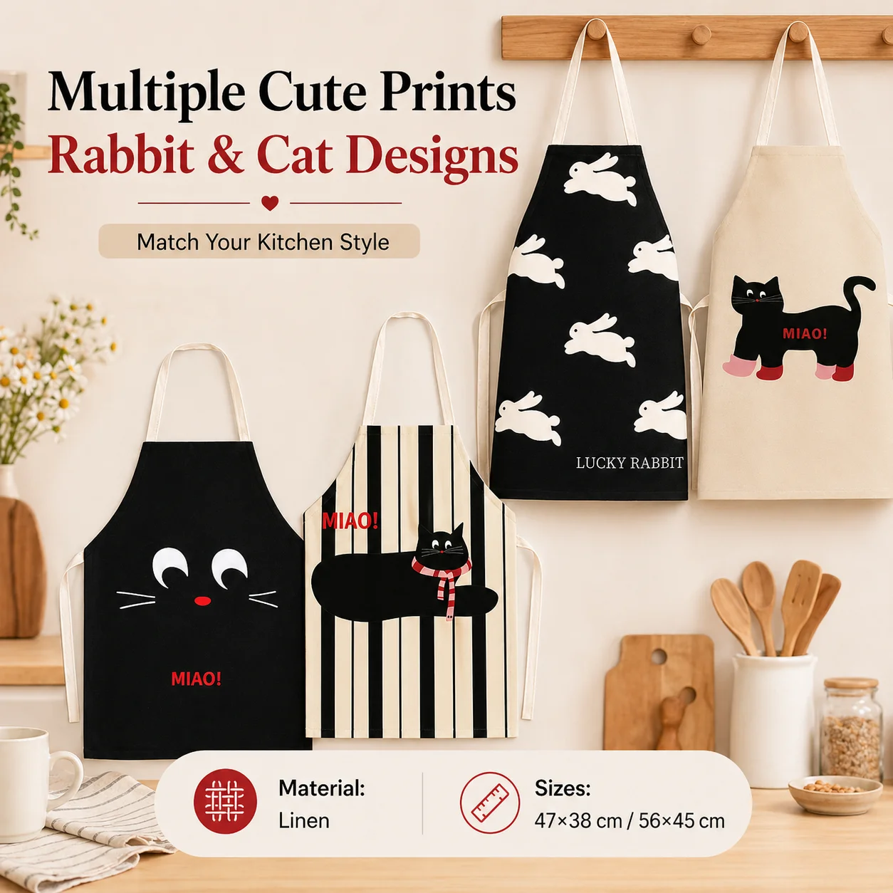 Cute Black Cat White Rabbit Linen Apron 2D Flat Printed Kitchen Cooking Bib for Women Home Baking Pinafore Daily Cleaning Cloth - view 5