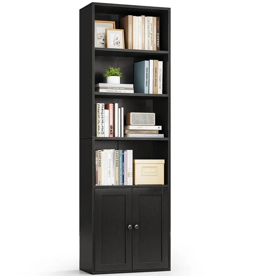 

Bookshelf and Bookcase with Doors, Floor Standing 6Tier Shelf Display Storage Shelves, Tall Bookcases for Home Office, Living Ro