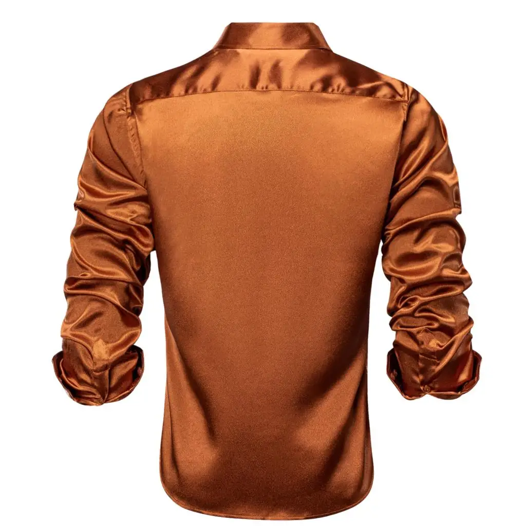 Hi-Tie Mens Shirts Brown Orange Silk Satin Lapel Collar Solid Long Sleeve Social Dress Shirt Soft High Quality Blouse for Male