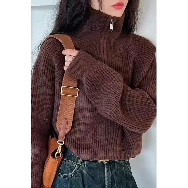 Nieuwe gesplitste damestop met hoge hals en ritssluiting, gebreide losse trui met dieptepunt en lange mouwen