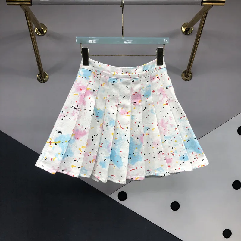 Y2k Fashion Pleated Denim Skirt for Women's Summer Korean Edition High Waist Slimming and Anti Shining Colorful Tie Dyed Skirt