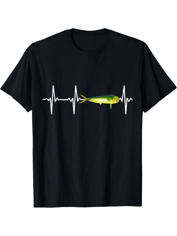Mahi Mahi Heartbeat Saltwater Fishing -with Fish Jumping & EKG Pulse Design  -100% cotton short sleeve O-neck printed T-shirt.