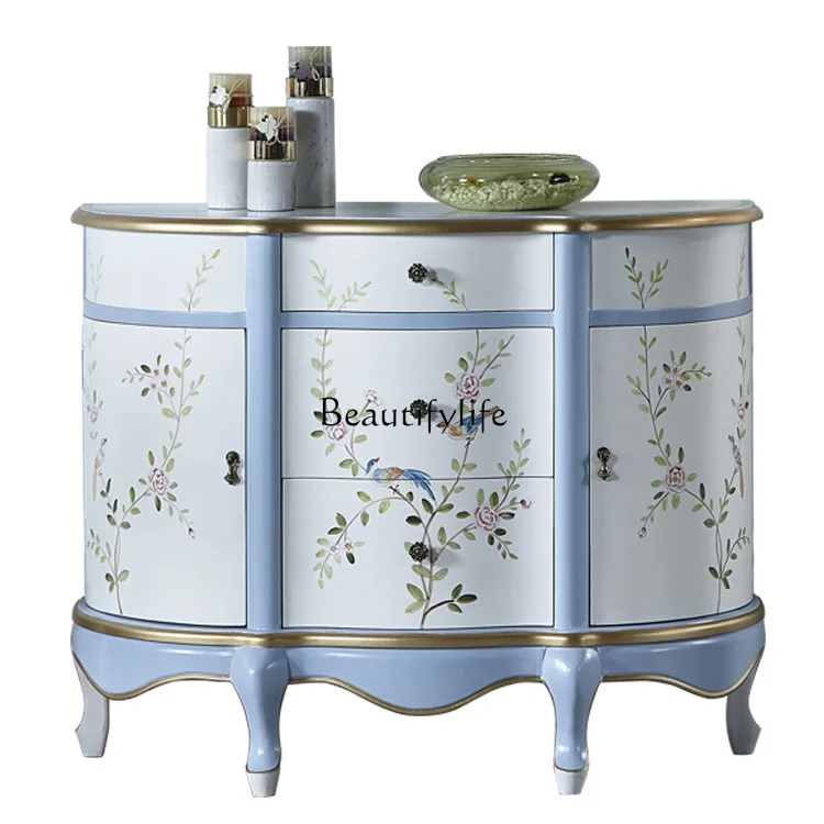 

European solid wood painted entrance cabinet, simple light luxury furniture in the solid wood dining room decorative cabinet