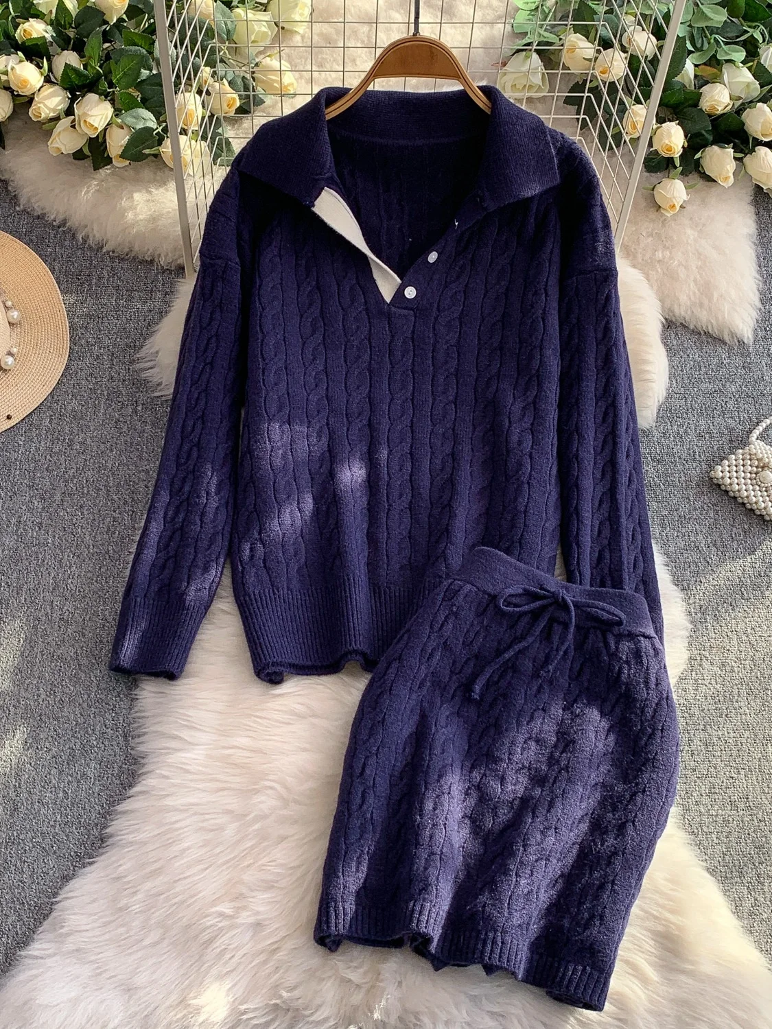 Autumn Winter Thiened Knitted Sweater Belted Slimming ort Skirt Two-Piece Set High Collar Twisted Design Faionable Ense...