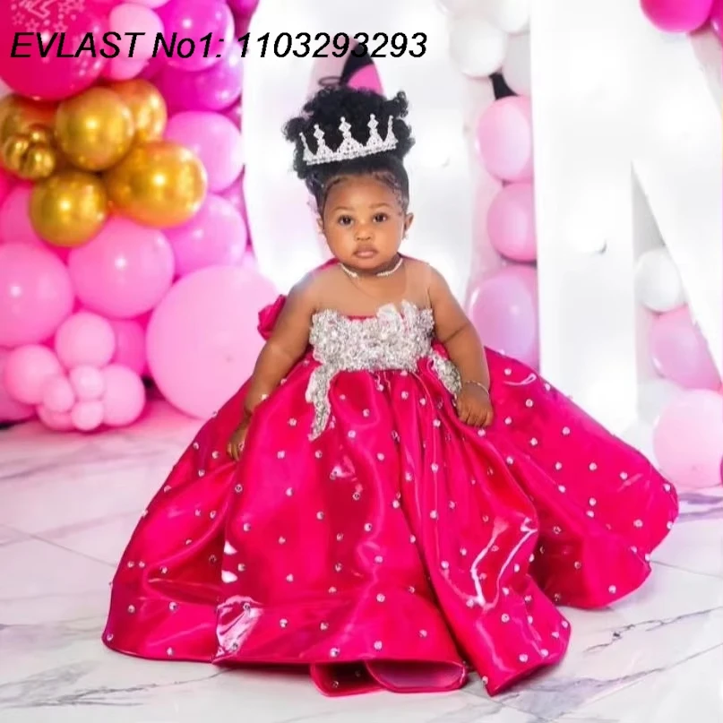

EVLAS Customized Fuchsia Beading Girl's Birthday Party Dress Ball Gown Puffy Flower Girl Dress Princess Kids Pageant Gown TFD181