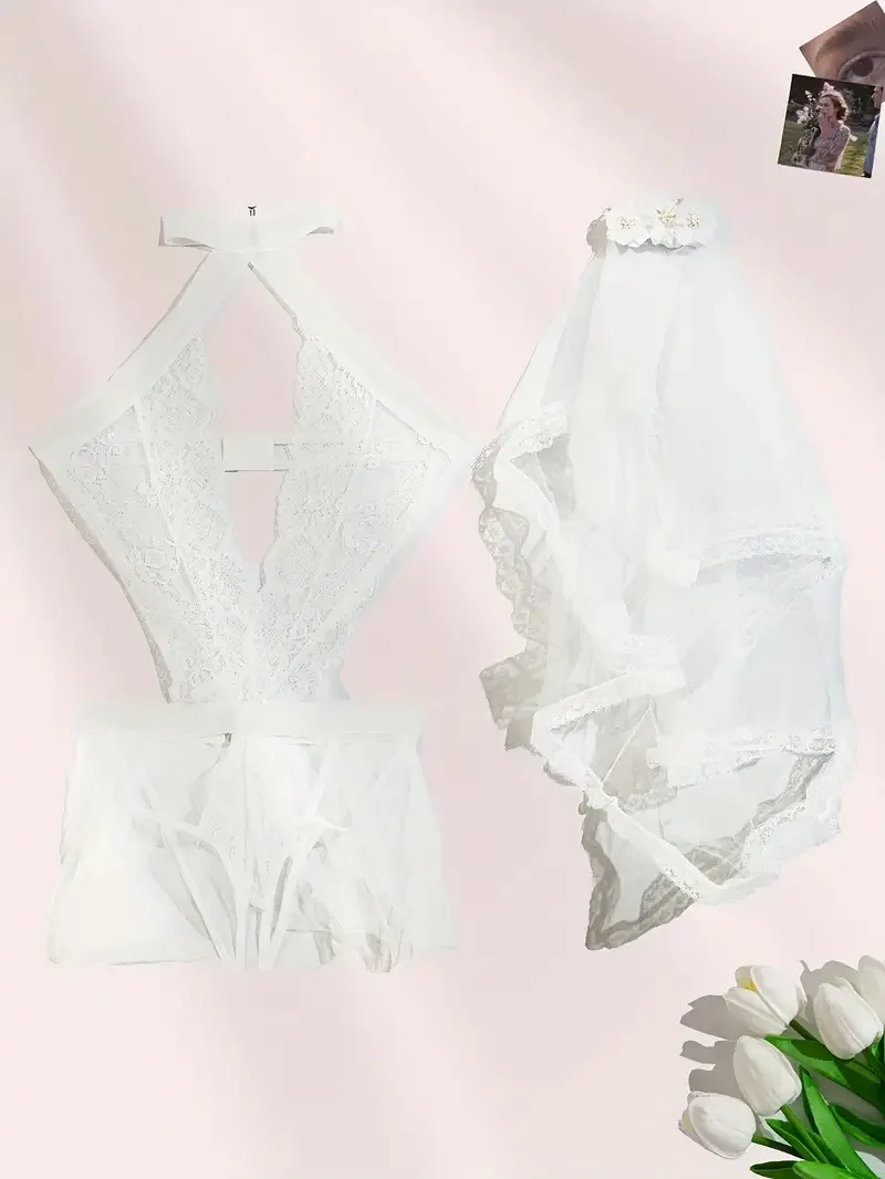 White Lace Bridal Wedding Cosplay Dress Sexy Lingerie for Women Nightwear Mesh Patchwork See-through Angel Costume