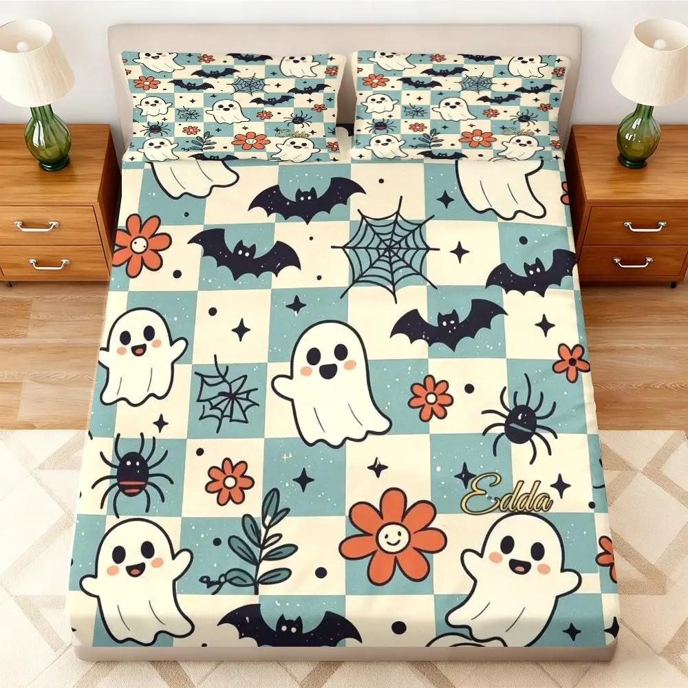 3-Piece Mattress Protector Set, 2D Flat Printed Fitted Sheet, Halloween Bat Spider Web Fitted Sheet Set, Colorful Bedding, Mattress Protector