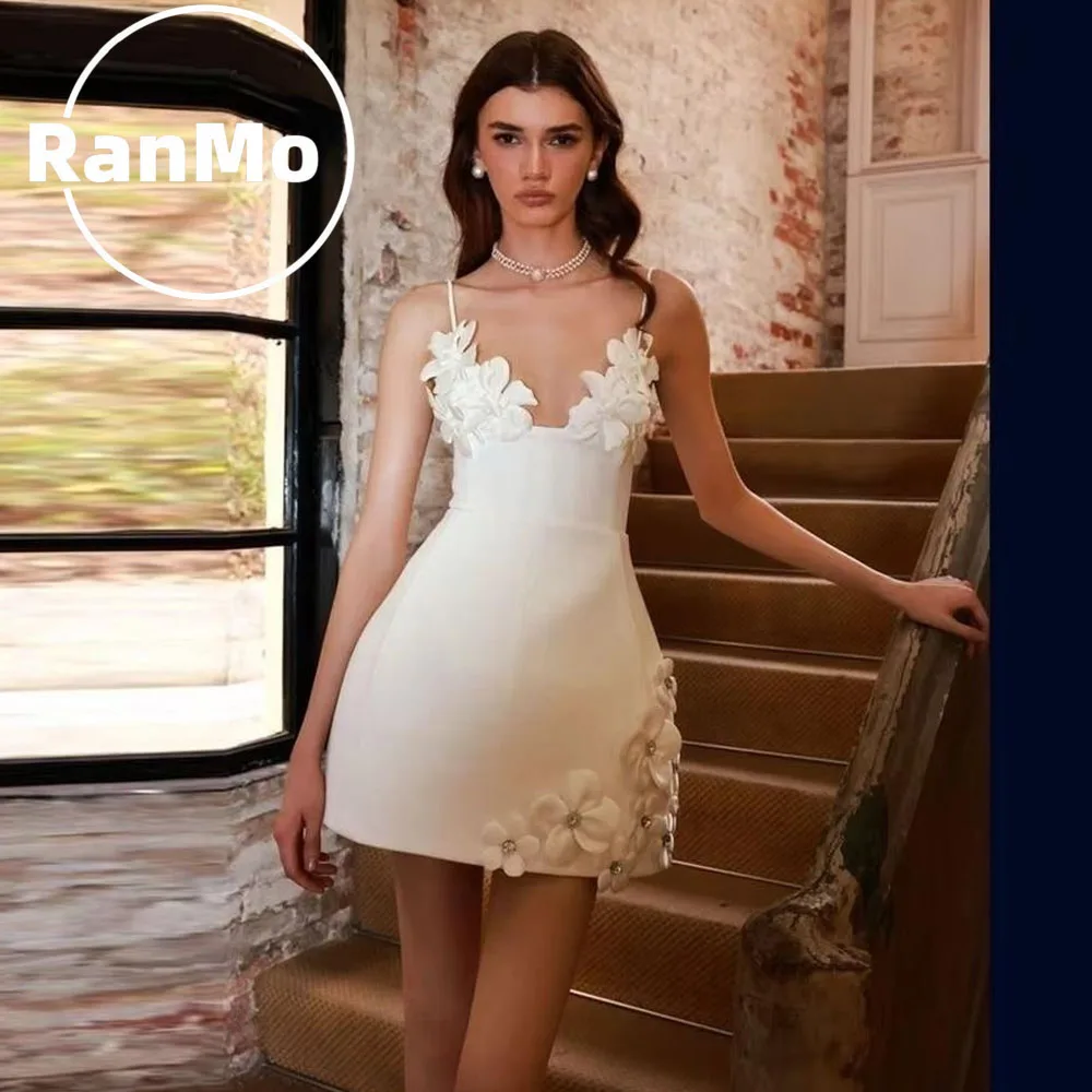 Ranmo Deep V Neck Strap Dress Bodycon Short Skirt with 3D Flower Decoration Party Evening Gown Sexy Style Robe Mariée Vintage