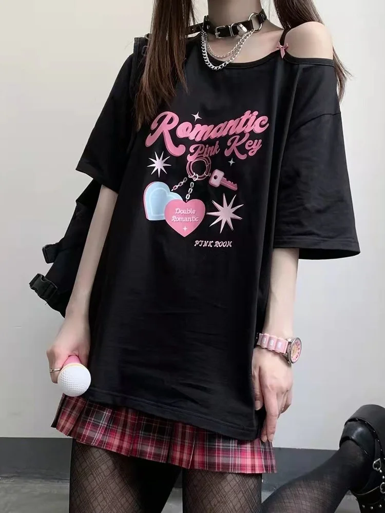 Deeptown Women Kawaii Off Shoulder T-shirt Harajuku Sweet Girl White Tops Y2k Aesthetic Cute Graphic Tees Japanese Fashion Shirt