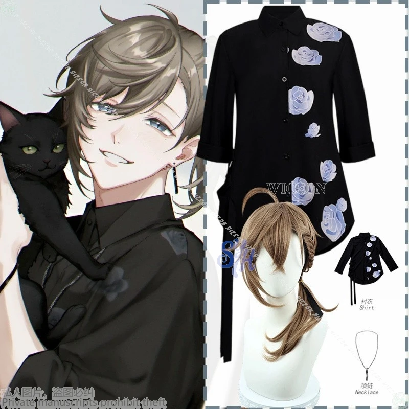 Disfraz de Anime Youtuber Knkn Kanae Ye Vtuber, camisa con estampado de flores negras, collar, fiesta de Navidad y Halloween, juego de rol Cos