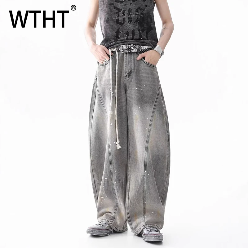 

WTHT Fashion Men's Gradient Patchwork Graffiti Do Old Denim Pants Vintage High-waisted Wide Leg Jeans Male 2025 Summer 2A1110