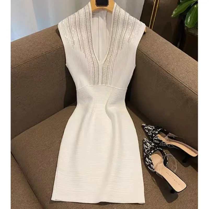 Mini robe d'été pour femmes, diamants, Sexy, décolleté en v profond, sans manches, élégante, taille haute, robe de soirée, vêtements pour femmes
