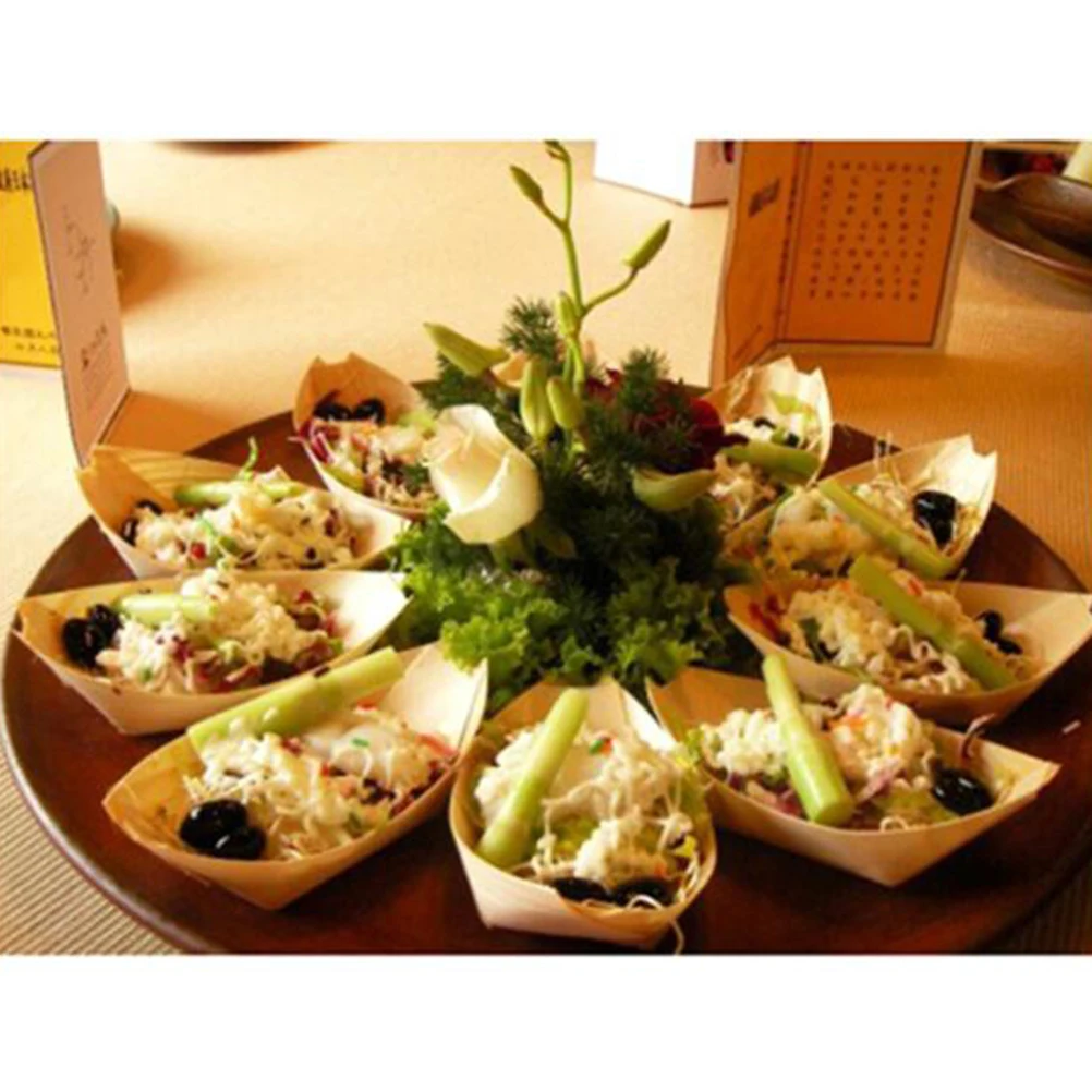 50 Uds. De aperitivos para sushi y nibbles de barco de madera, platos de comida desechables con forma de bandeja
