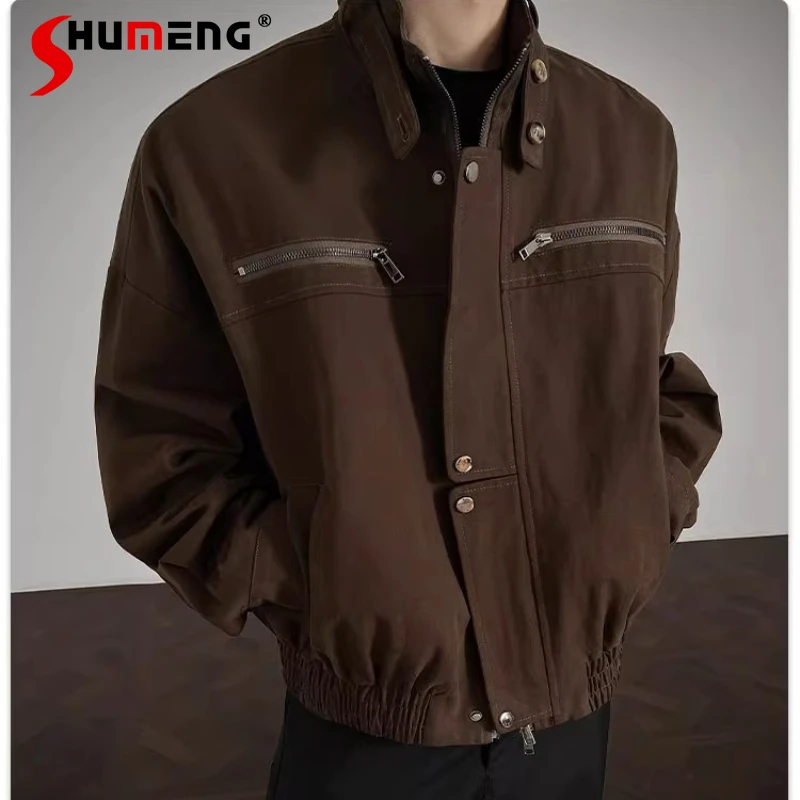 

Men's 2025 Autumn New Trendy Stylish Jackets Men's Stand Collar Handsome Solid Color Jackets American Style Retro Tooling Coats