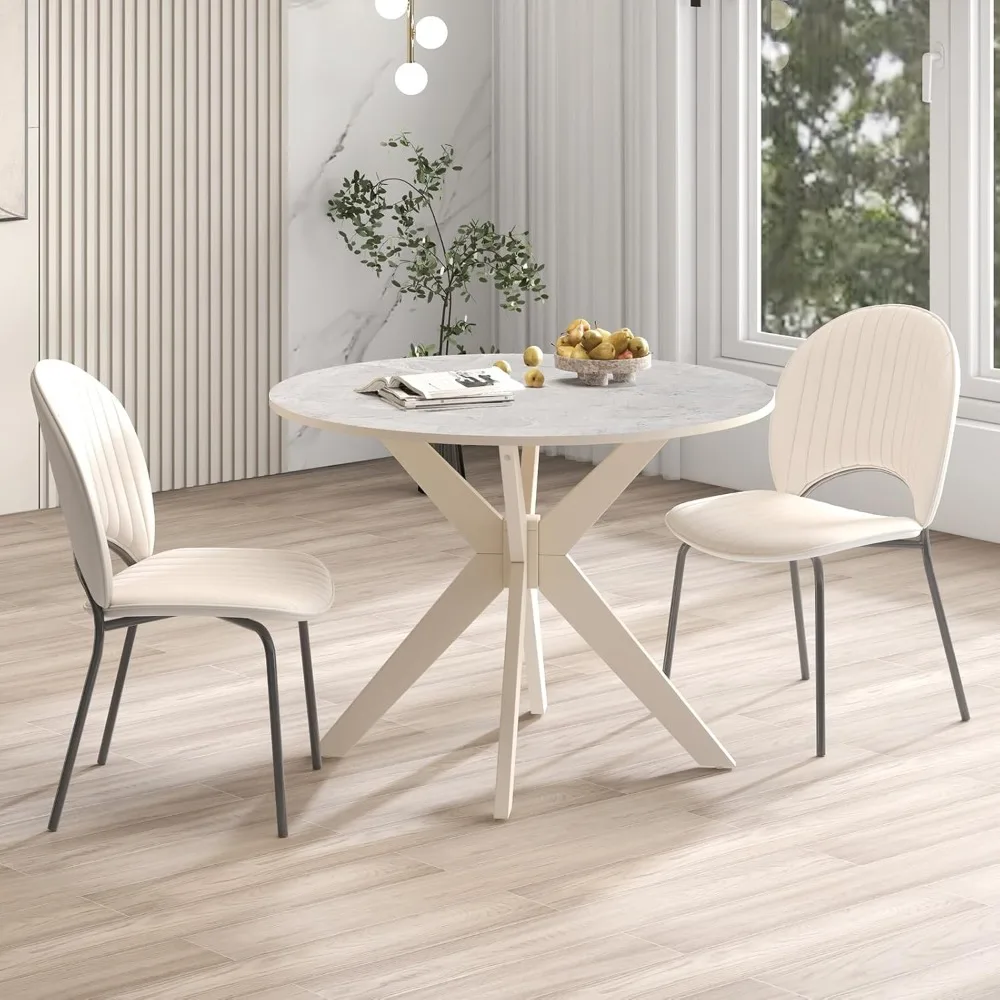 Meja Makan Bundar 36 inci, Meja Dapur Kayu Solid dengan Alas Kaki Berbentuk Pedestal yang Bersilang dan Bantalan Kaki yang Dapat Disesuaikan untuk Rumah, Kantor