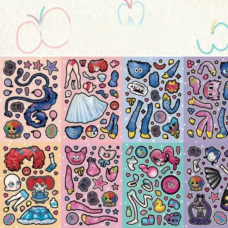 

8PCS Hot Game Poppy Playtimes Series Clothing Change Sticker Kawaii Cartoon Character Creativity Printing DIY Sticker Gift