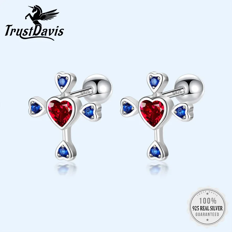 TrustDavis Real 925 Sterling Silver Sweet Heart Cross CZ Screw Stud Earrings For Women Wedding Valentine's Day Jewelry DF222