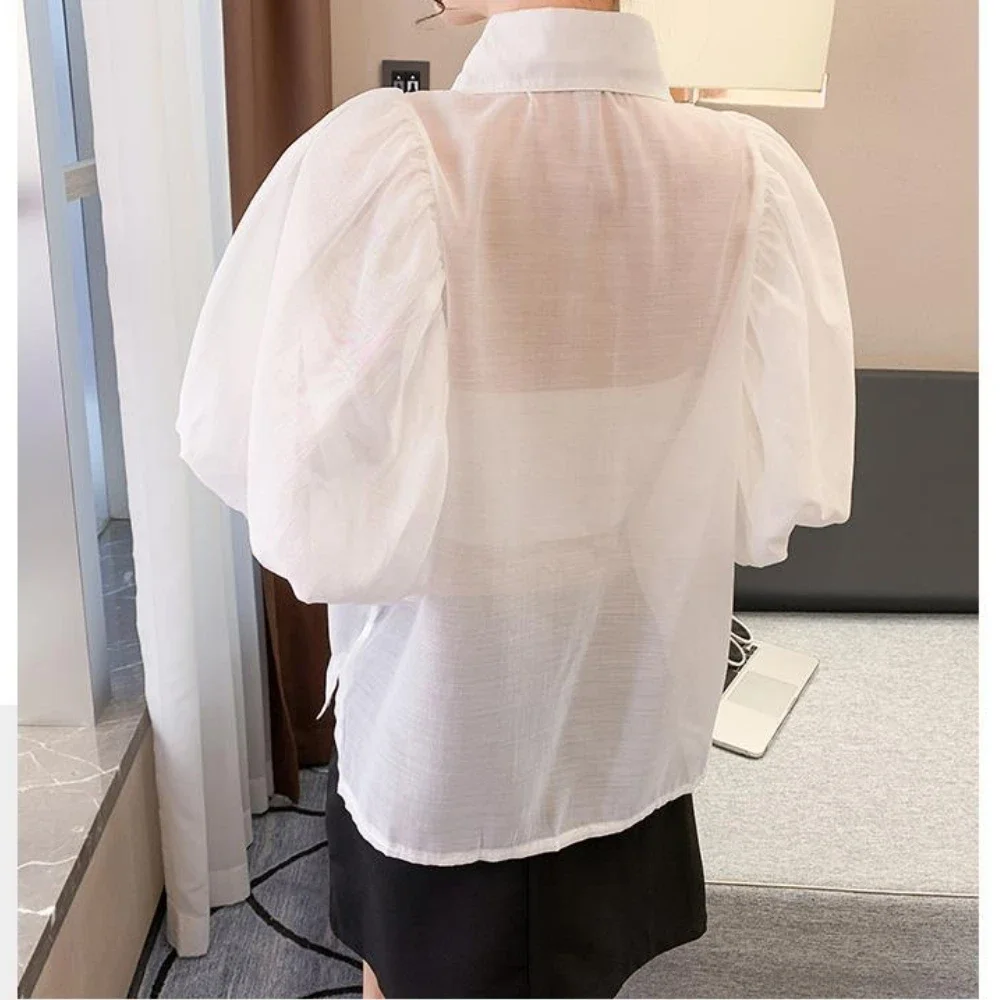 Summer Women\'s Tops Diamond Point Collar Lantern Short Sleeve White Shirt Korean Fashion Designer Women\'s Clothing Office