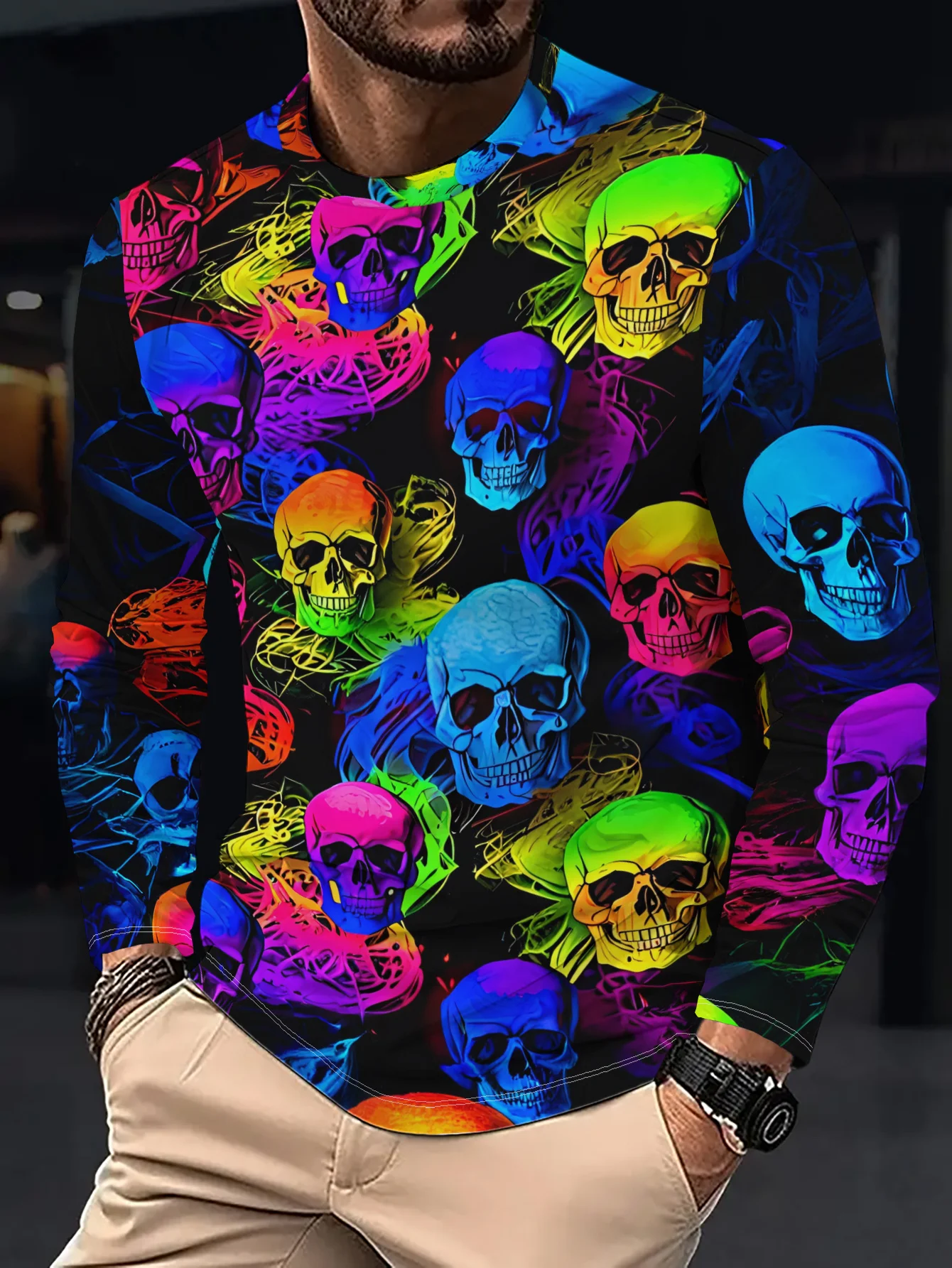 Men Long Sleeve T‑Shirt Colorful Neon Skull Graphic Print Crew Neck Gothic Street Casual Tops