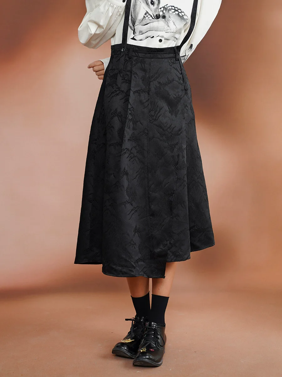 Spring Autumn Original Design Women Black Asymmetrical Jacquard Skirt