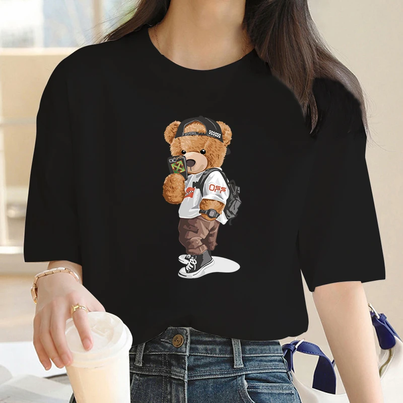 Cute Selfie Bear Print Y2k T-shirt For Women\'s Summer Oversized Ladies Short Sleeved Tees Clothing Loose Pure Cotton Soft Tops