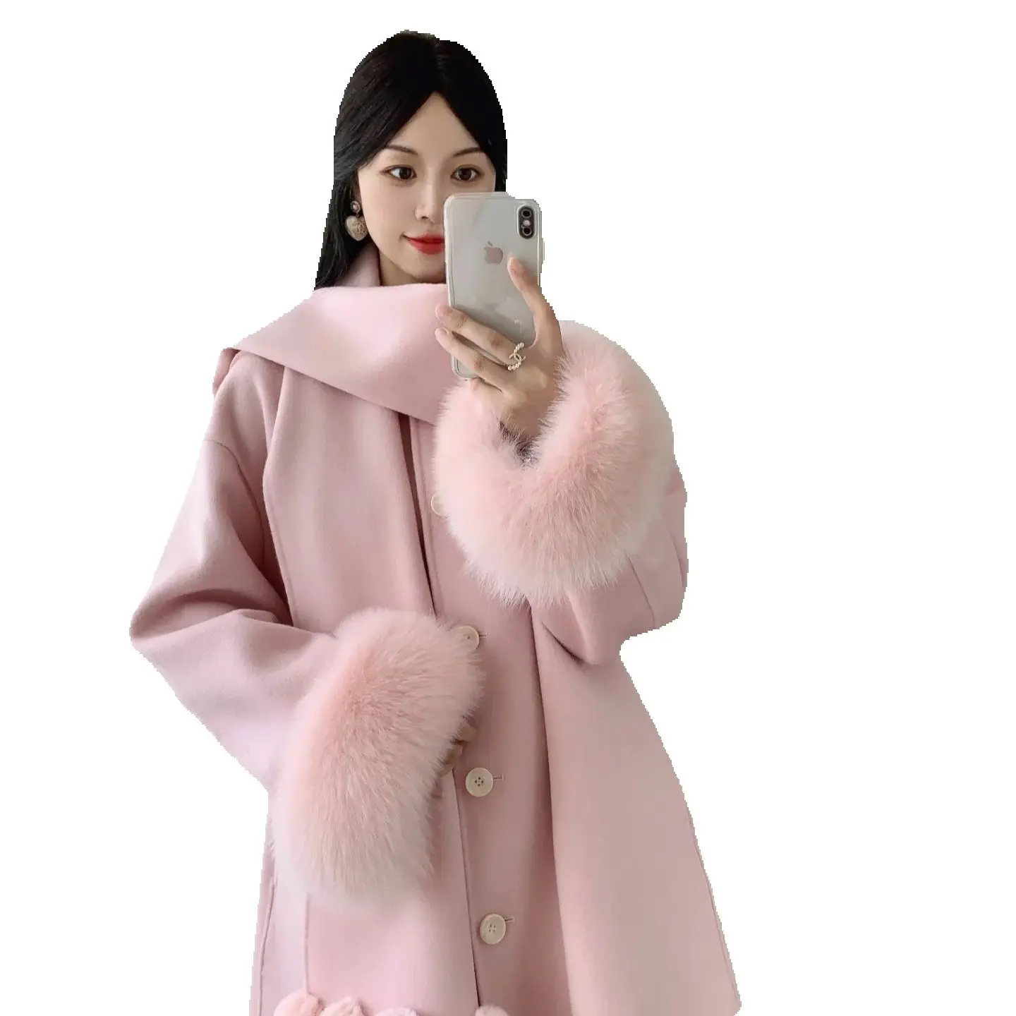 Fox wool double-sided woolen coat, rabbit scarf, elegant cashmere fur coat for young women