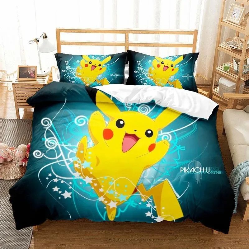 Pikachu Pokemon fitted sheet,home decor bedroom bedding set universal, suitable for children and adults 3-piece set cute printed