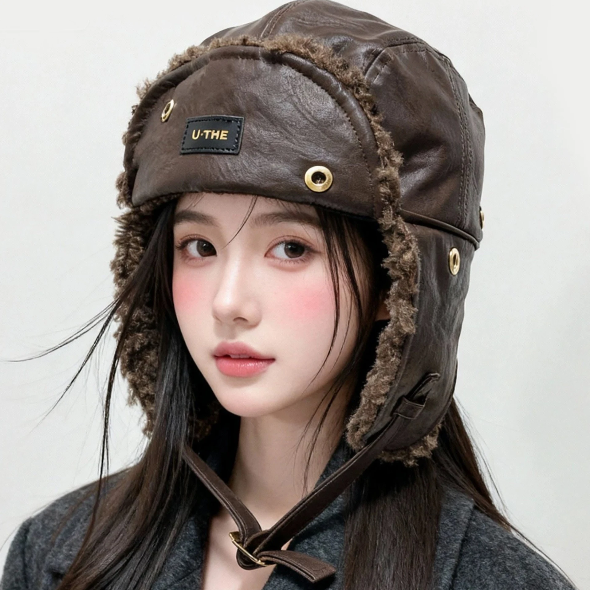 Retro Windproof LeiFeng Cap With Ear Flaps Winter Bomber Hat Leather Outdoor Warm Caps Suitable for Cycling and Motorcycle Ridin