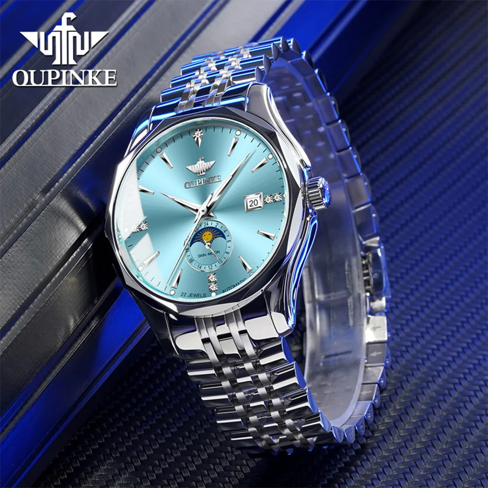 OUPINKE 3275 Mens Watch Luxury Automatic Mechanical Watch﻿ 50M Waterproof Luminous Stainless Steel Date Watches For Men New