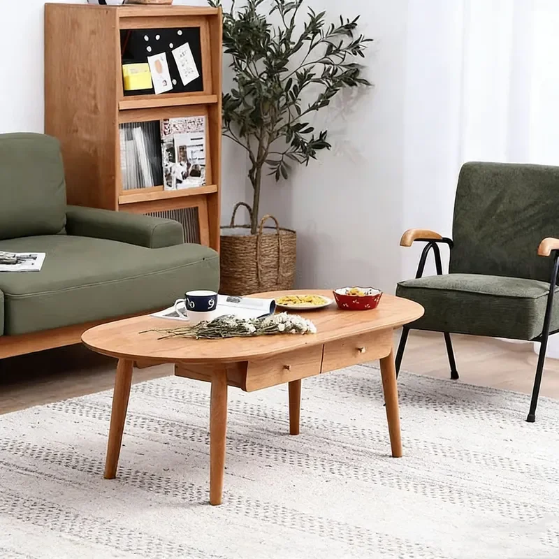 Nordic Cherry Wood Coffee Table with Drawers Simple Japanese Style Living Room Furniture for Small Apartments