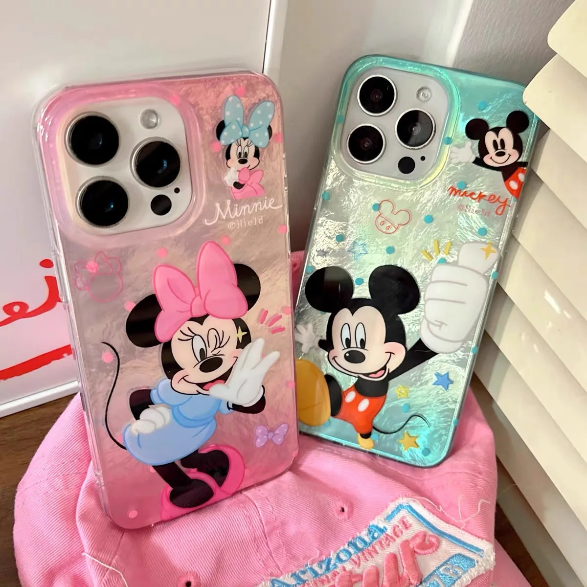 Cute Cartoon Disneies Mickey Minnie Phone Case for Samsung Galaxy S24 S23 Ultra Plus 5G S21 FE Feather Texture Hard Cover Funda