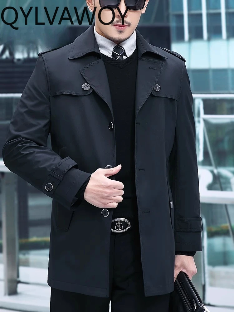 QYLVAWOY 100% Polyester Spring Autumn New Men's Trench Coat Mid-Length Lapel Business Casual Classic Versatile Outerwear LJ2183