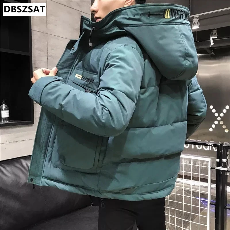 2023 New Winter Men Parka Big Pockets Casual Jacket Hooded Solid Color Mens Thicken Warm Hooded Down Outwear Coat Windproof