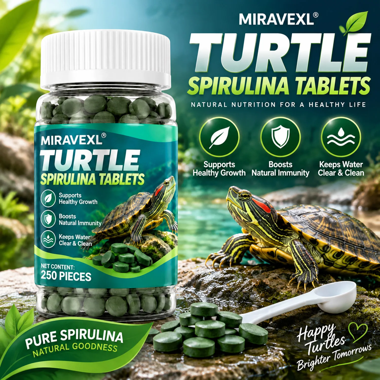 Turtle Spirulina Tablets Natural Aquatic Turtle Food Supplement for Pet Turtles Aquarium Feed Healthy Growth & Immune Support