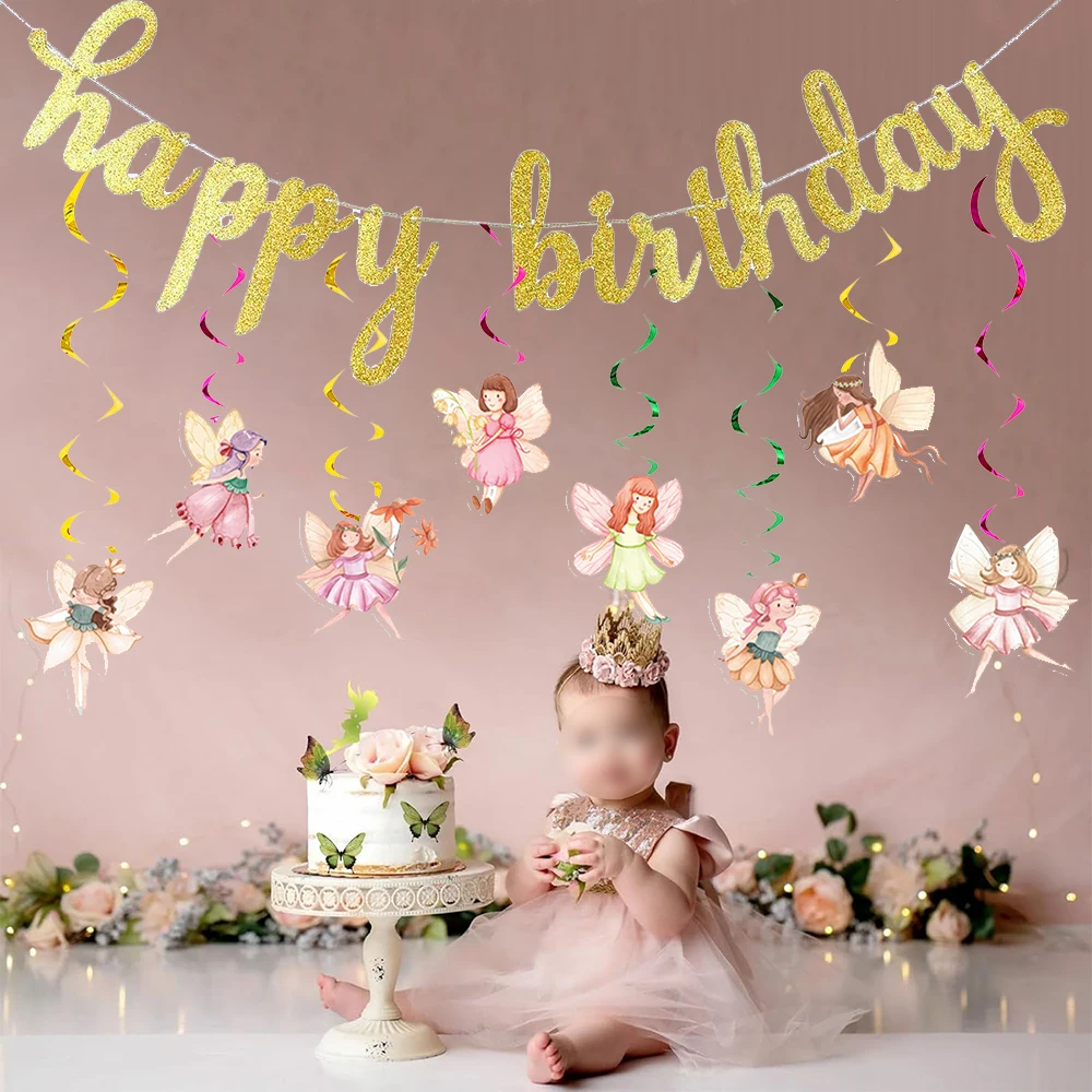 Fee Erster Geburtstag Dekoration Gold Glitzer Geburtstag Banner Tischdecke Kinder Fee Blume Thema Party Baby Dusche Dekor Zubehör – Detail 6