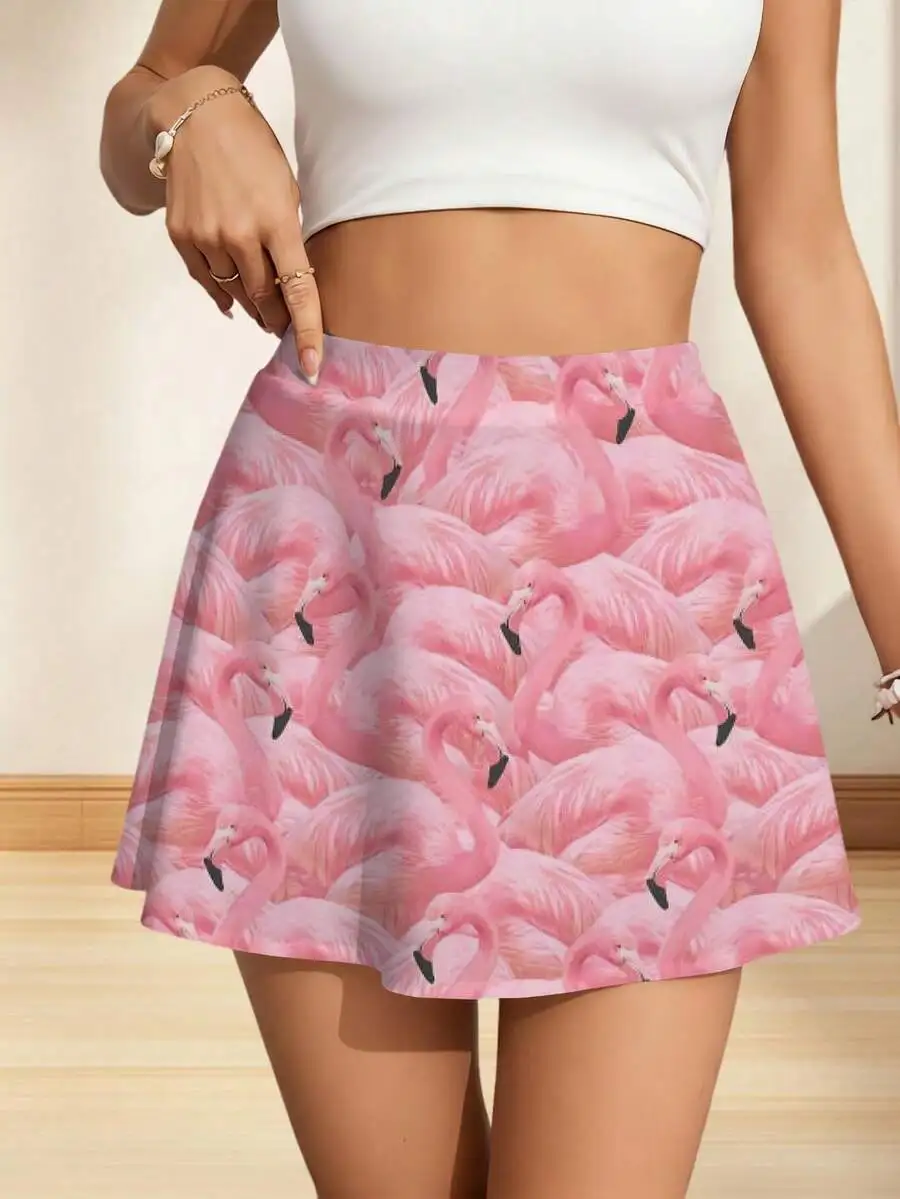 Minifalda Fluida con Estampado de Flamencos para Mujer, Falda Casual de Verano con Corte en A