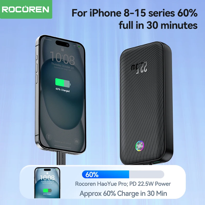 Imagem -03 - Rocoren-banco de Potência de Carregamento Rápido Bateria Externa para Iphone 15 Samsung qc 3.0 pd 22.5w 20000mah 10000mah 30000mah