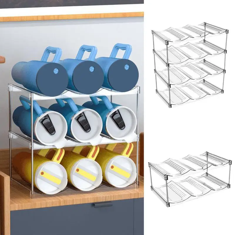 Tumbler Holder Organizer Stackable Drink Organizer For Fridge 4 Tier Transparent Large Wine Rack Display For Home Organization