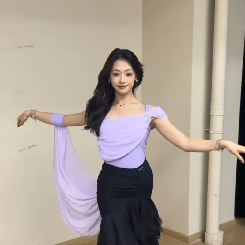 Vestido de baile latino moderno personalizado, vestido de práctica, ropa de clase de rendimiento, Top de hilo revoloteador con hombros inclinados para adultos