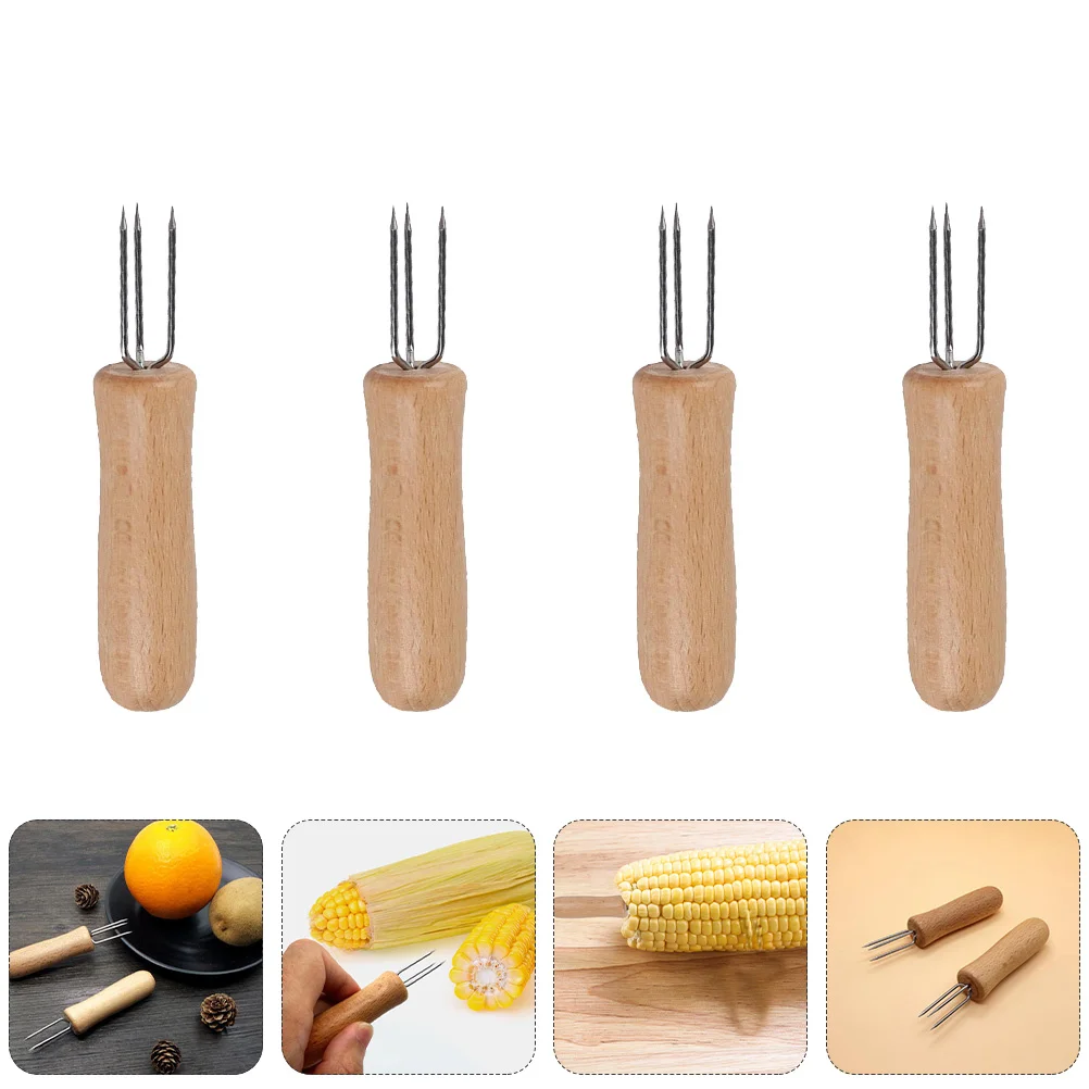 

10Pcs Three-Prong Stainless Steel Corn Forks Wooden Handle High Heat Resistance Food Holders Bbq Cooking Corn Skewers