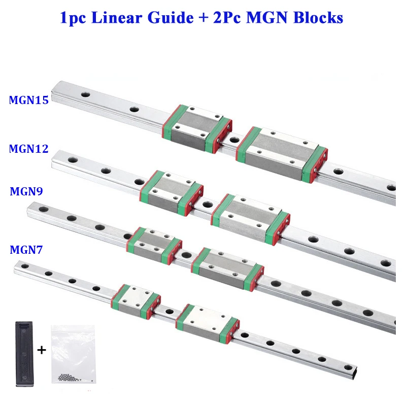 1Pc MGN7 MGN12 MGN15 MGN9 L 100mm To 1500mm Miniature Linear Rail + 2Pcs MGN Linear Guide Block For 3D Printer Part